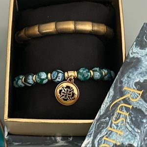 RUSTIC CUFF Gold Bamboo Cuff and Blue Bead Bracelet -New never worn